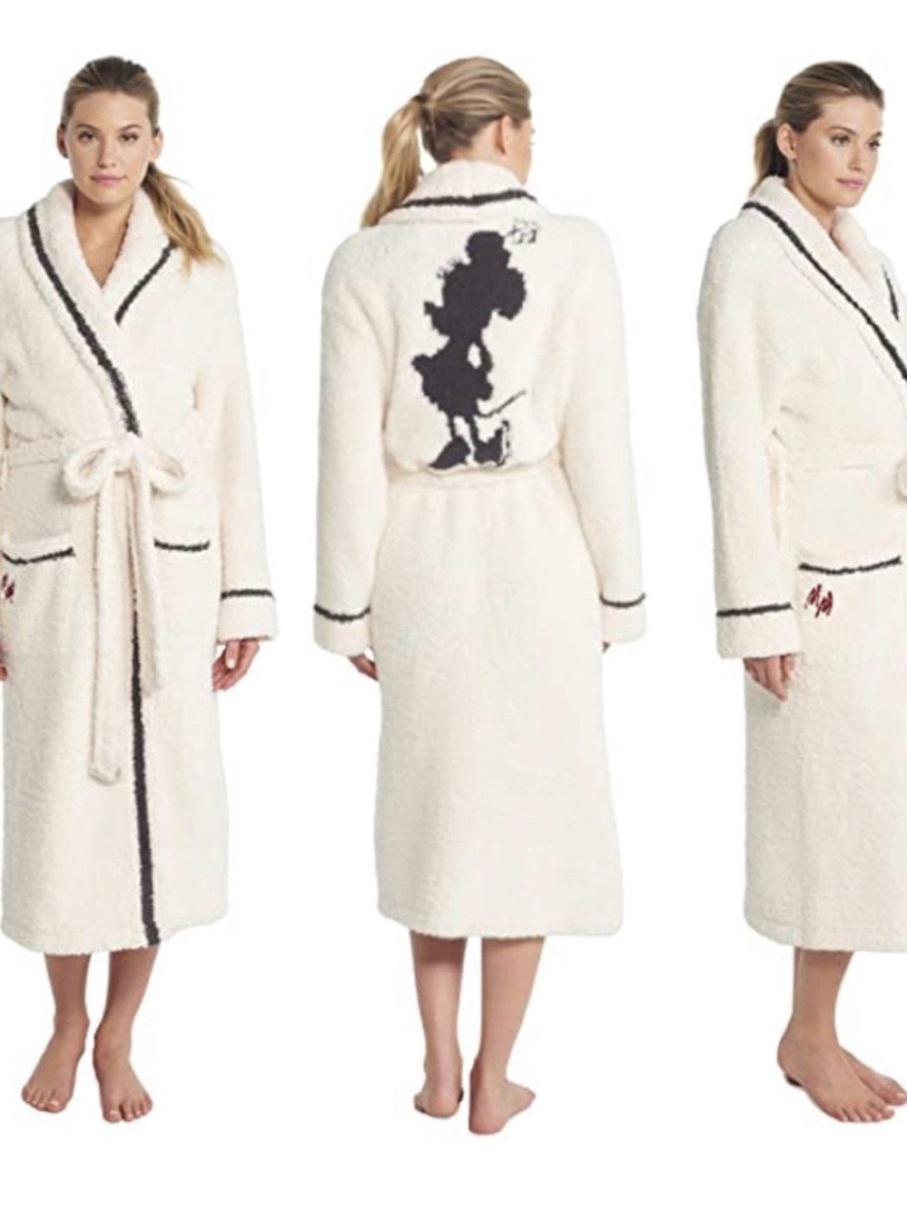 Barefoot Dreams Cream Plush Robe with Minnie Mouse Black detailing
